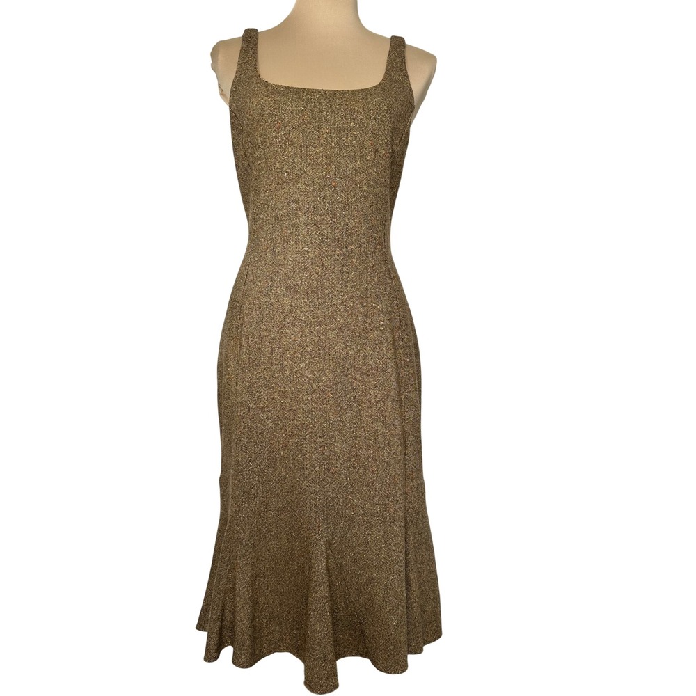 D&G Dolce & Gabbana Tweed Dress 44 IT Brown Wool Blend Pinafore Midi V-Back